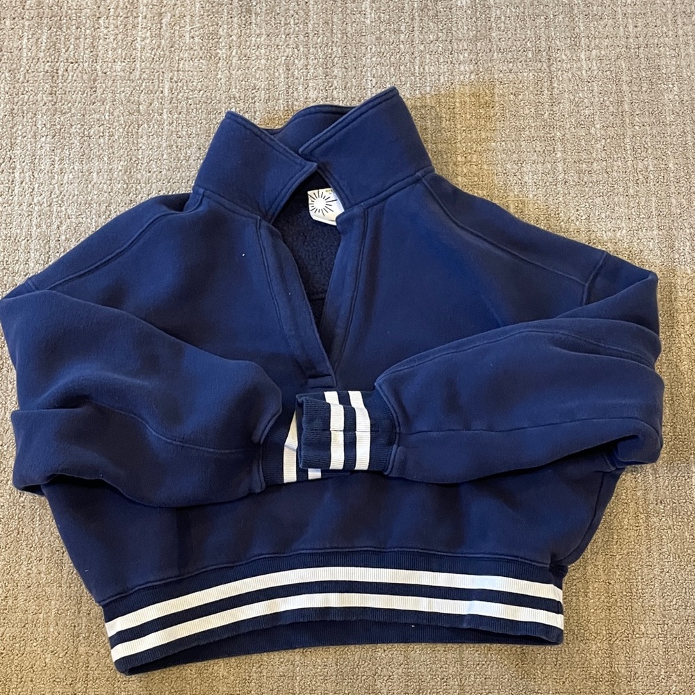 Aerie Navy Blue Half-Zip Pullover with Striped Trim